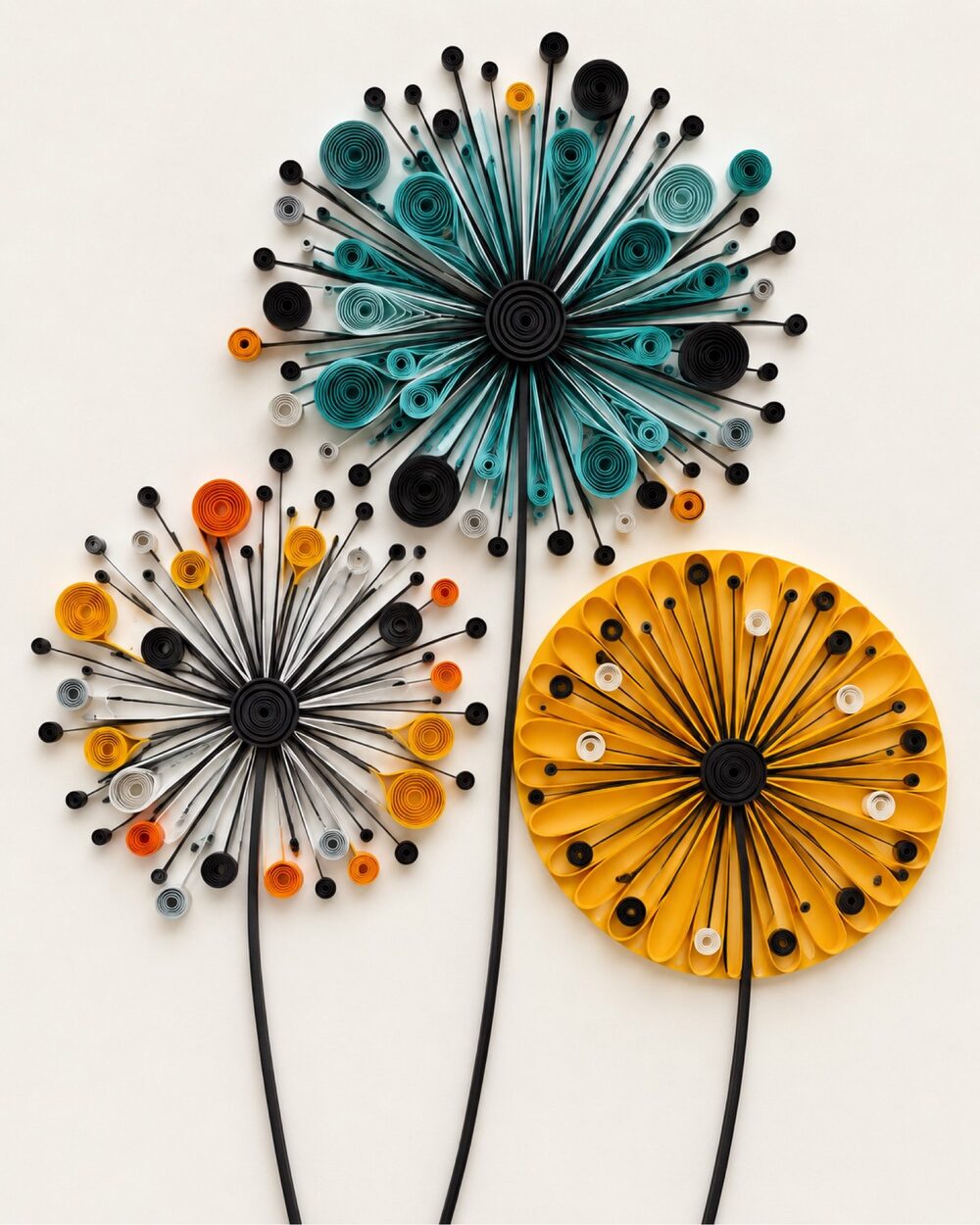 8x10 Black Framed Quilled Dandelion Print | Teal Mustard Mid Century Floral Wall